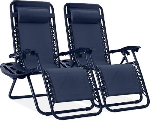 Adjustable Steel Mesh Zero Gravity Lounge Chair Recliners w/Pillows and Cup Holder Trays - Navy - Lot 243