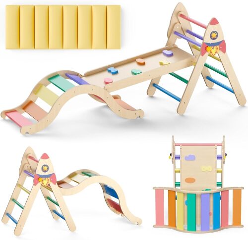 Pikler Triangle Set with Cushion, 9-in-1 Kids Climbing Toys for Toddlers 1-3 Inside, Montessori Toddler Climbing Toys Indoor, Large Wooden Pikler Triangle Climbing Set Baby Playground for Children - Lot 10016