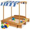 Kids Wooden Cabana Sandbox w/ Benches, Canopy Shade, Sand Cover, 2 Buckets - Thumbnail 1