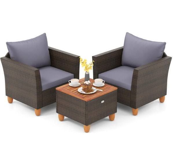 HONEY JOY 3-Piece Wicker Patio Conversation Set with Gray Cushions - Image 1 - Lot 43JF