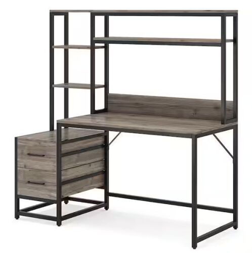 BYBLIGHT Capen 55 in. Rectangular Gray Engineered Wood 2-Drawer Computer Desk Corner Office Desk with Storage Shelves and Hutch - Lot 58JF