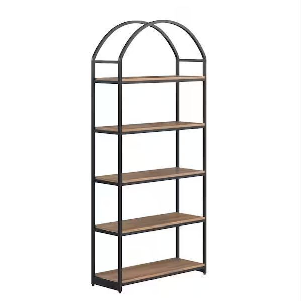 Nathan James Haven 72 in. Oak/Black 5-Shelf Etagere Bookshelf Oak Wood and Black Metal Frame with Arch Top and Open Shelves - Image 1 - Lot 145JF