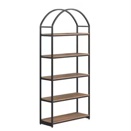 Nathan James Haven 72 in. Oak/Black 5-Shelf Etagere Bookshelf Oak Wood and Black Metal Frame with Arch Top and Open Shelves - Lot 145JF