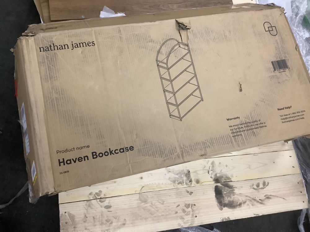 Nathan James Haven 72 in. Oak/Black 5-Shelf Etagere Bookshelf Oak Wood and Black Metal Frame with Arch Top and Open Shelves - Image 2 - Lot 145JF