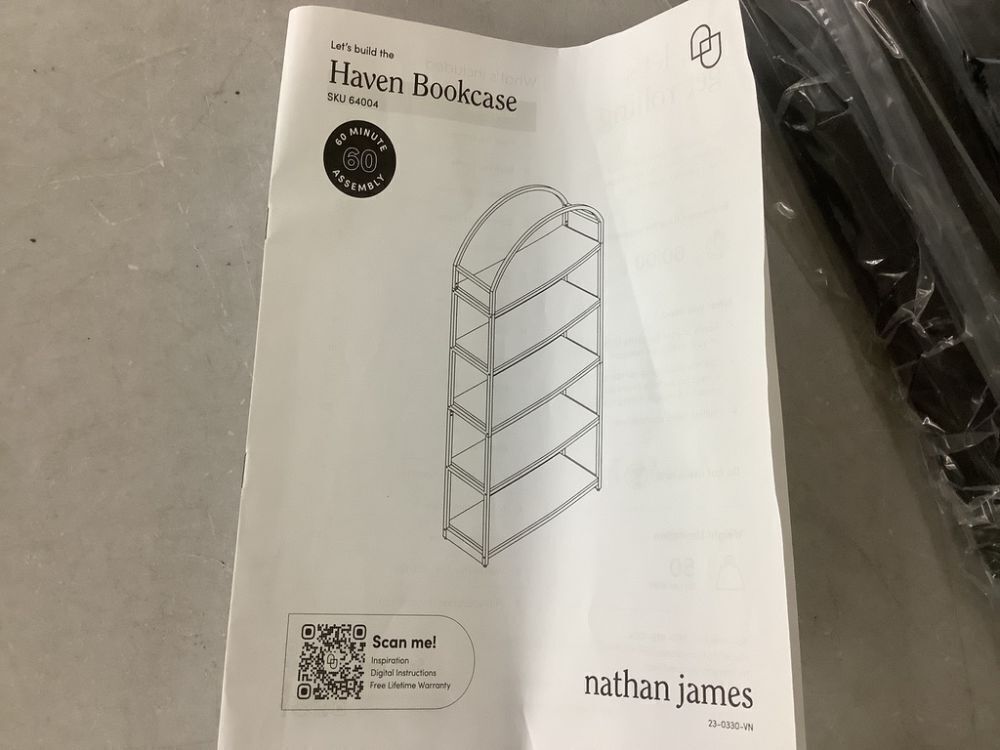 Nathan James Haven 72 in. Oak/Black 5-Shelf Etagere Bookshelf Oak Wood and Black Metal Frame with Arch Top and Open Shelves - Image 7 - Lot 145JF