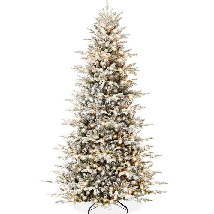 7.5' Pre-Lit Flocked Artificial Aspen Noble Fir Christmas Tree w/ Metal Stand - Image 1 - Lot 249