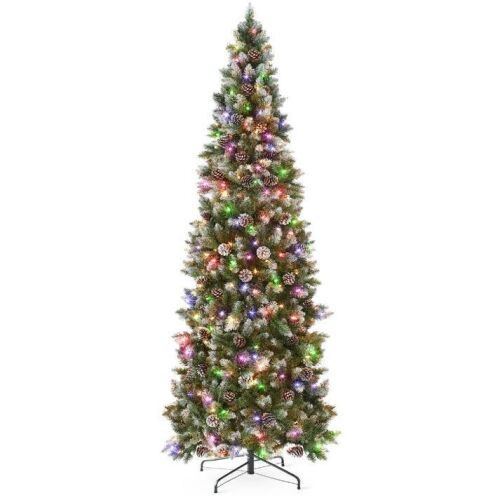 7.5' Pre-Lit Partially Flocked Pencil Christmas Tree w/ 2-in-1 Multicolor Lights - Lot 250