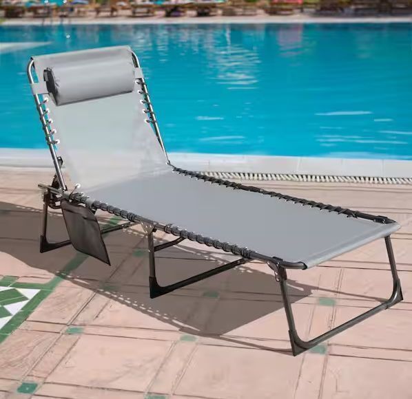 VEIKOUS Metal Outdoor Folding Chaise Lounge Chair with Pillow and Pocket in Dark Gray - Image 1 - Lot 339JF