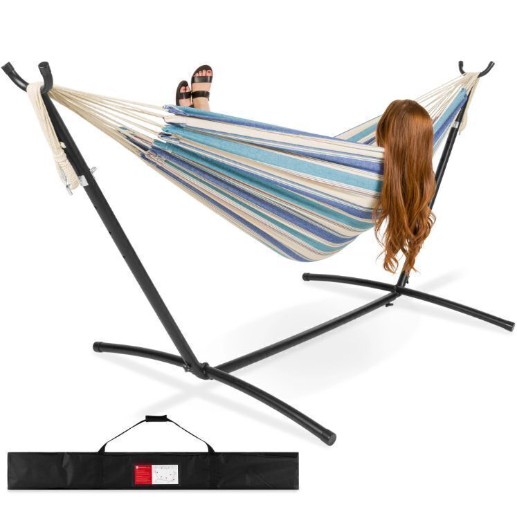 2-Person Brazilian-Style Double Hammock w/ Carrying Bag and Steel Stand - Image 1 - Lot 780