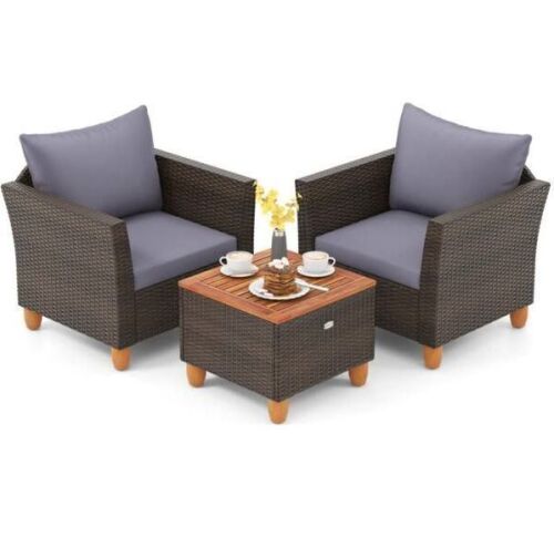 HONEY JOY 3-Piece Wicker Patio Conversation Set with Gray Cushions - Lot 1202