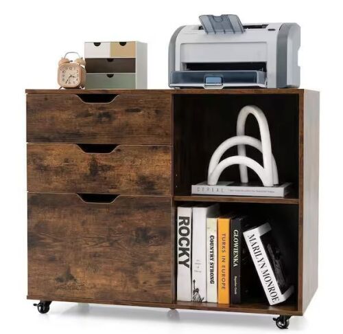 Gymax 3-Drawer Rustic Brown Wood 32 in. W Vertical File Cabinet w/Open Adjustable Storage Shelf - Lot 344JF