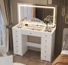 White Makeup Vanity Desk 11-Drawers Wood Dressing Table with Big Lighted Mirror, Glass Top - Thumbnail 1