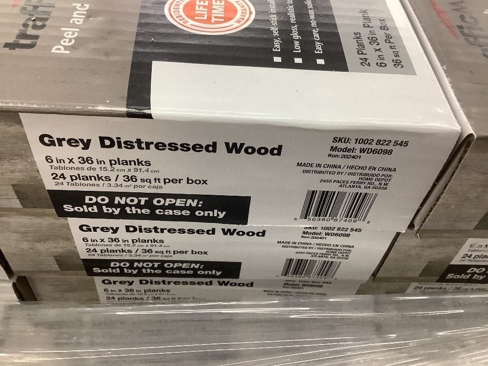 1,080 sq. ft. - (30) Cases of TrafficMaster Grey Distressed Wood 4 MIL x Multi-Width x 36 in. L Peel and Stick Vinyl Plank Flooring (36 sqft/case) - Image 5 - Lot 7JF
