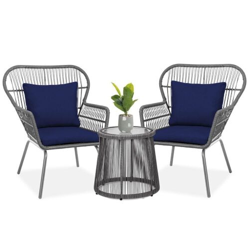 3-Piece Patio Wicker Conversation Bistro Set w/ 2 Chairs, Glass Top Table - Light Damage to One Chair - Lot 79