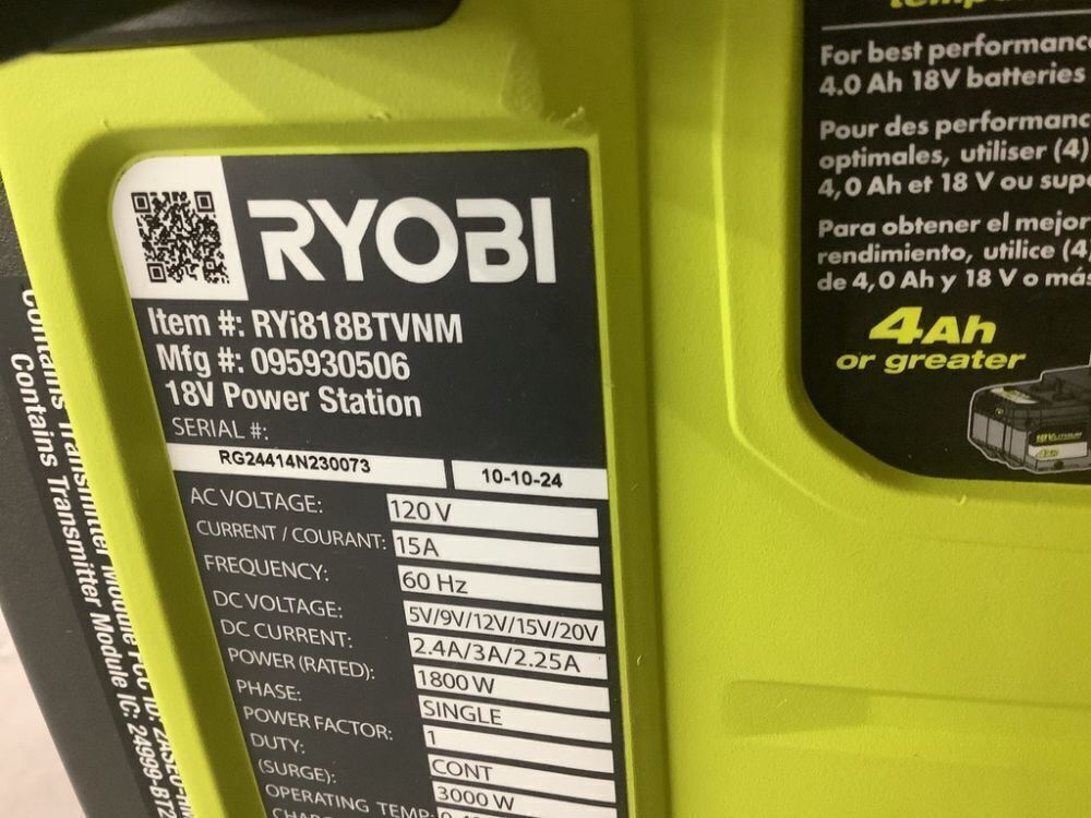 RYOBI 18V ONE+ 1800-Watt Portable Battery Inverter Power Station/8-Port Charger (Tool Only) - Image 5 - Lot 53JF