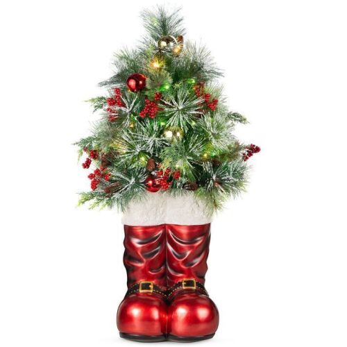 Santa Boots w/ Pre-Decorated Christmas Greenery, Lights - 40in - Lot 182