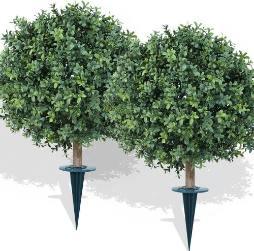 26" Artificial Boxwood Topiary Ball Tree with Ground Spike, Set of 2 - Lot 700
