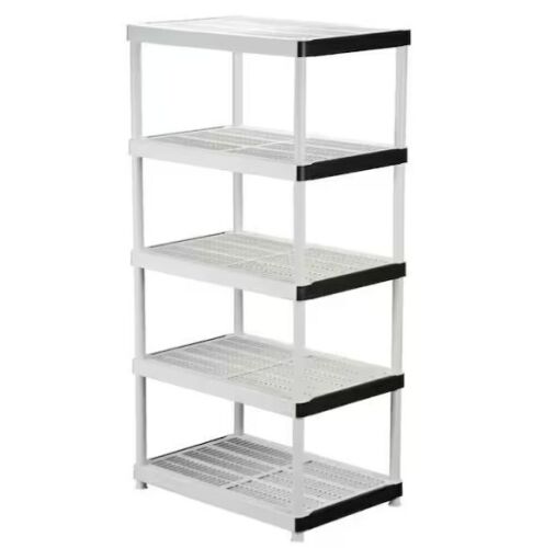 Lot of (2) HDX 5-Tier Multi-purpose Plastic Storage Shelving Unit in Gray, 36 in. W x 72 in. H x 24 in. D - 1 Has Damaged Holes on One Shelf - Lot 124JF