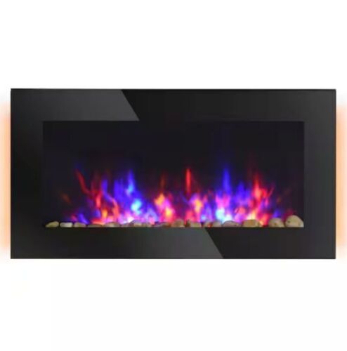 HOMCOM 36 in. 1500-Watt Electric Wall-Mounted Fireplace with Flame Effect, 7 Color Background Light and Side Light - Lot 125JF