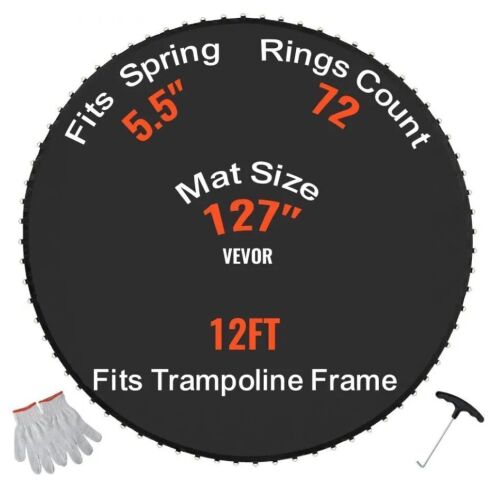 VEVOR Replacement Trampoline Mat for 12ft Round Trampoline, Reinforce UV-Resistant Mat with Spring Tool & Durable V-Rings, Fit 5.5" Spring Length - Lot 215JF