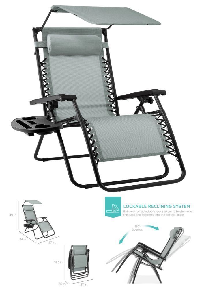 Folding Zero Gravity Recliner Patio Lounge Chair w/ Canopy, Side Tray - Image 1 - Lot 18
