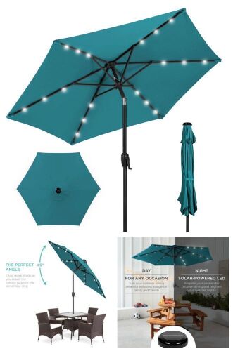 Outdoor Solar Patio Umbrella w/ Push Button Tilt, Crank Lift - 7.5ft - Lot 25