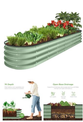2 Outdoor Metal Raised Oval Garden Bed for Vegetables, Flowers - 8x2x1ft - Lot 39