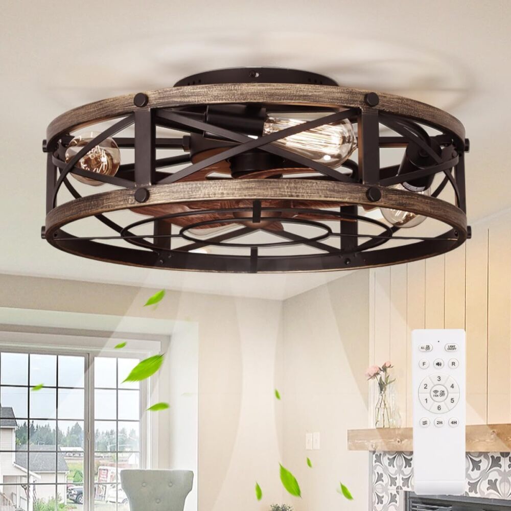 19" Farmhouse Flush Mount Caged Ceiling Fans with Lights, 6 Speeds, Rustic Low Profile Ceiling Fan with Light and Remote, Small Bladeless Ceiling Fans with Lights for Kitchen, Bedroom - ETL - Image 1 - Lot 306
