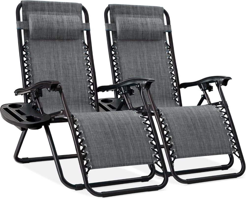 Set of 2 Adjustable Steel Mesh Zero Gravity Lounge Chair Recliners w/Pillows and Cup Holder Trays - Image 1 - Lot 323