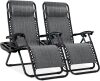 Set of 2 Adjustable Steel Mesh Zero Gravity Lounge Chair Recliners w/Pillows and Cup Holder Trays - Thumbnail 1
