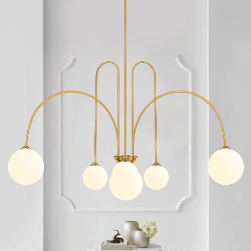 Gold Sputnik Chandelier,6 Lights Modern Chandelier for Dining Room Mid Century Chandelier Large L49” Ceiling Pendant Light Fixtures with Milk Glass Globe Shades for High Ceiling Foyer Living Room - Lot 331