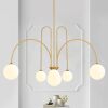 Gold Sputnik Chandelier,6 Lights Modern Chandelier for Dining Room Mid Century Chandelier Large L49” Ceiling Pendant Light Fixtures with Milk Glass Globe Shades for High Ceiling Foyer Living Room - Thumbnail 1