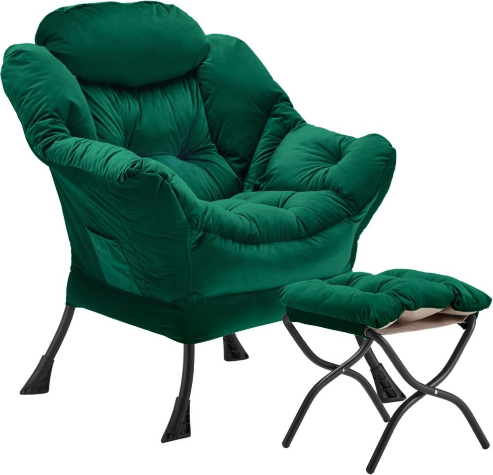 Lazy Chair with Folding Ottoman, Accent Chair Velvet Upholstered with Metal Structure and Non-Slip Pads, Sofa Armchair with Footrest and Side Storage Bag for Dorm, Room, Office, Green - Image 1 - Lot 342
