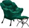 Lazy Chair with Folding Ottoman, Accent Chair Velvet Upholstered with Metal Structure and Non-Slip Pads, Sofa Armchair with Footrest and Side Storage Bag for Dorm, Room, Office, Green - Thumbnail 1