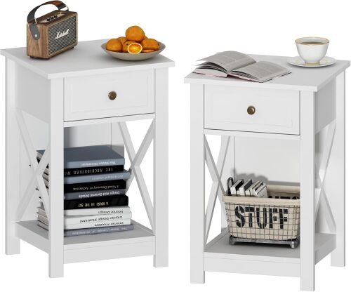 Treocho White Nightstand Set of 2, Modern X-Design Night Stand,Bedside End Table with Open Storage for Small Place,Bedroom - Lot 351