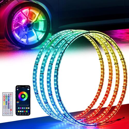 Ehaho 15.5" Double Row Wheel Lights, Brighter RGB Dream Chasing LED Rim Lights with App & Remote Control, Music Wheel Ring Light with Turn & Braking Signal Compatible with Various Trucks SUV Car, 4PCS - Lot 356