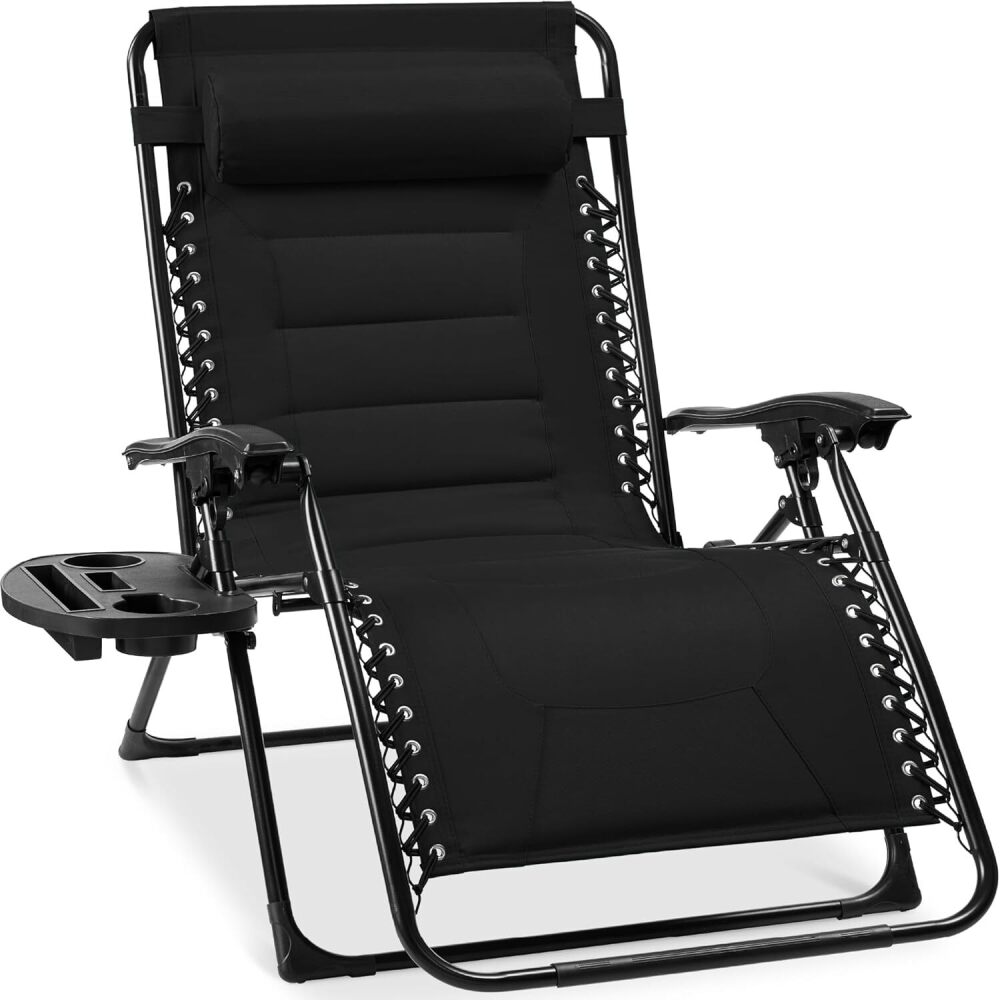 Oversized Padded Zero Gravity Chair, Folding Outdoor Patio Recliner, XL Anti Gravity Lounger for Backyard w/Headrest, Cup Holder, Side Tray, Polyester Mesh - Image 1 - Lot 380