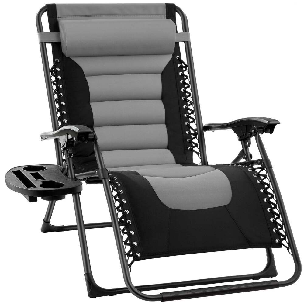 Oversized Padded Zero Gravity Chair, Folding Recliner w/ Headrest, Side Tray - Image 1 - Lot 385