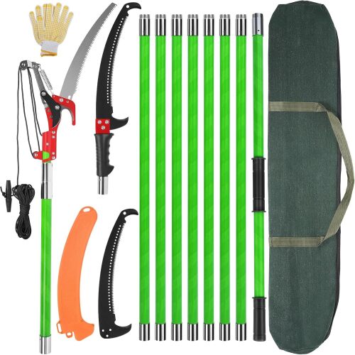 30 Ft Manual Pole Saw, Extendable Tree Pruner Blade and Scissors Set with 9 Fiberglass Handles, Long Branch Pruner Retractable for Backyard and Garden, Bush Cutting and Pruning of Palm Trees - Lot 411