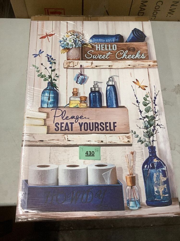 BJVJKSU Navy Blue Bathroom Decor Wall Art Rustic Blue Bathroom Canvas Wall Decor Please Seat Yourself Sign Print Painting Vintage Aesthetic Picture Artwork Decor - Image 2 - Lot 430