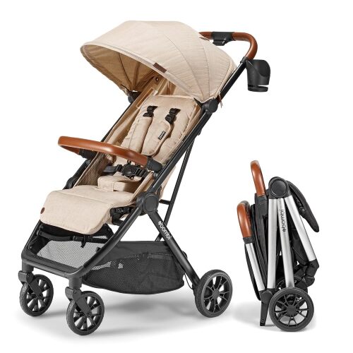 Bombi Bēbee V2 Lightweight Baby Stroller - Premium Vegan Leather, One-Hand Fold, Infinite Recline, Aircraft-Grade Aluminum Frame, XXL Canopy, and Ample Storage Umbrella Stroller - Lot 7863