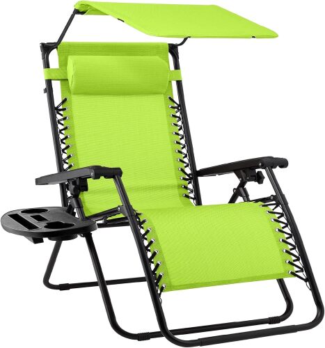 Folding Zero Gravity Outdoor Recliner Patio Lounge Chair w/Adjustable Canopy Shade, Headrest, Side Accessory Tray, Textilene Mesh - Lot 9991