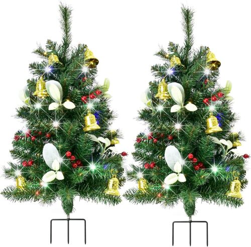 Set of 2 Christmas Tree Outdoor - Prelit Xmas Tree w/ 80 LED Multi-Color, for Outside Holiday Display Yard Front Porch Pathway Decor - Lot 359