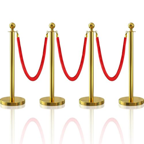 4Pcs Gold Stanchion Post Queue Velvet Ropes and Posts with Soild Base and 3pcs 5 Ft Red Velvet Ropes Carpet Ropes Posts Stanchion Set Crowd Control Barriers for Party Supplies - Lot 500