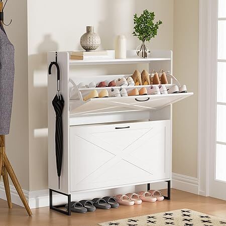 Shoe Cabinet with 2 Flip Drawers, Freestanding Shoe Organizer with Removable Hooks, Narrow Shoe Rack Cabinet for Entryway, Hallway, Living Room, White - Lot 530