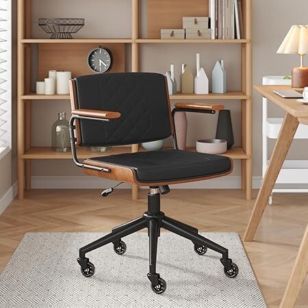 Ergonomic Office Chair with Rubber Wheels & Walnut Arms - PU Leather Mid-Back Desk Chair, Adjustable Height, Bentwood Backrest | Swivel Rocking Design for Home Office, Meeting Room, Study - Lot 535