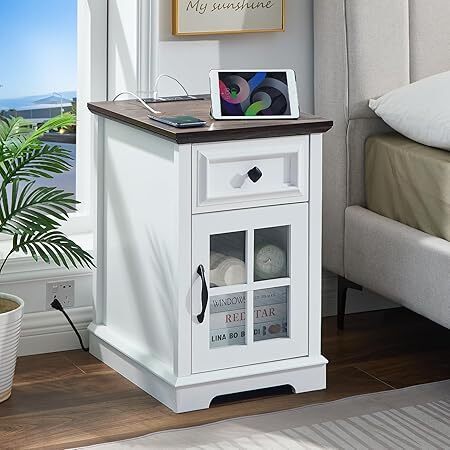 Farmhouse XXL End Table with Charging Station, Side Table with USB Ports and Outlets, Nightstand with Drawer and Glass Door Storage, White Bedside Tables for Living Room, Bedroom, Office - Lot 595