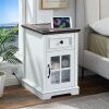 Farmhouse XXL End Table with Charging Station, Side Table with USB Ports and Outlets, Nightstand with Drawer and Glass Door Storage, White Bedside Tables for Living Room, Bedroom, Office - Thumbnail 1