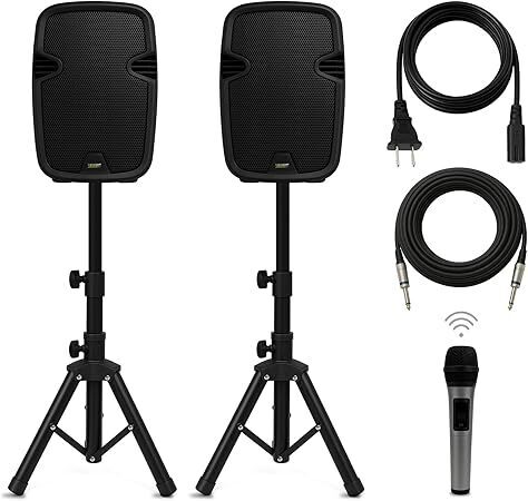 Bowens 8-Inch Bluetooth PA System - 500W Powered Speakers with Stands, Microphone - Party Speaker & DJ Speakers Outdoor Sound System, Microphone and Speaker Set for Events, Karaoke - Lot 589
