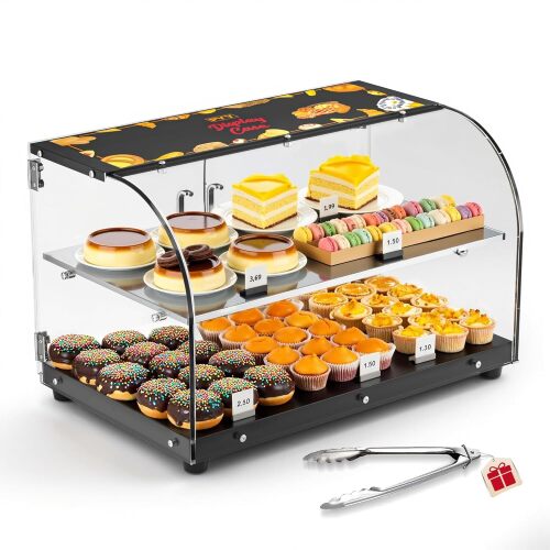 PYY Bakery Display Case - 22" 2-Layer Acrylic Pastry Display Case, Countertop with Stainless Steel Shelves & Base, 2 Magnetic Rear Doors - Lot 620